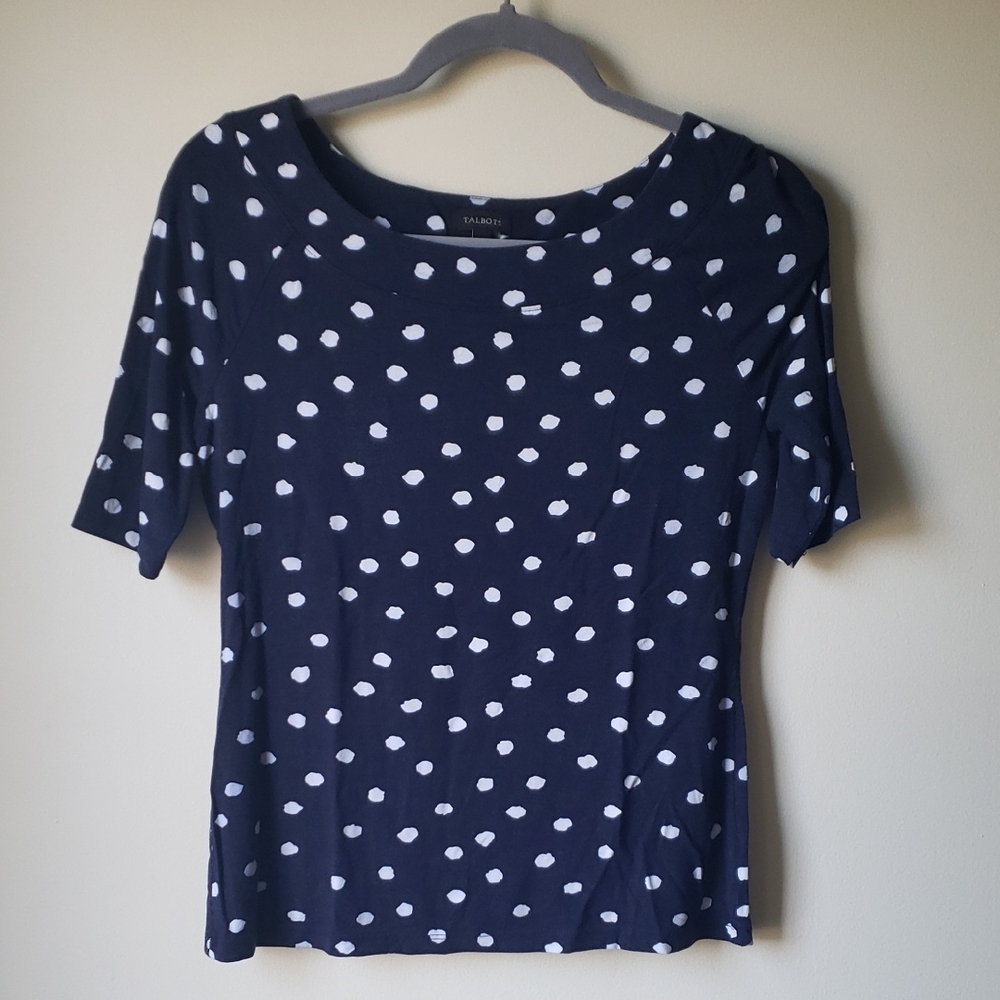Talbots Navy White Polka Dot Cotton Stretch SS Top